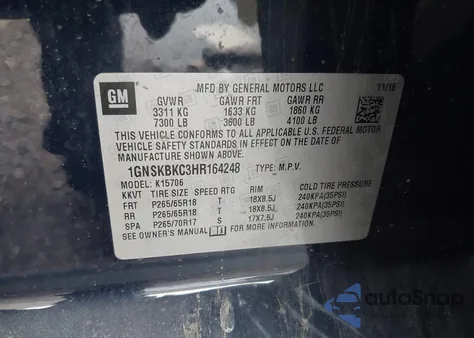 2017 Chevrolet Tahoe Lt z USA, uszkodzony, nr VIN 1GNSKBKC3HR164248